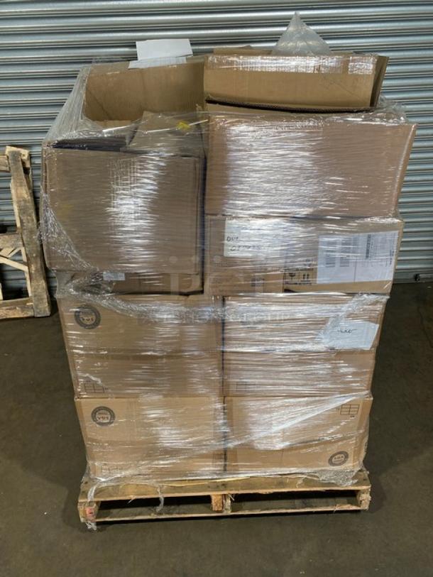 Mixed pallet of Craster porcelain bowls, Dudson trays, Schonwald sugar caddies, Revol tongs, and more; new, in boxes.