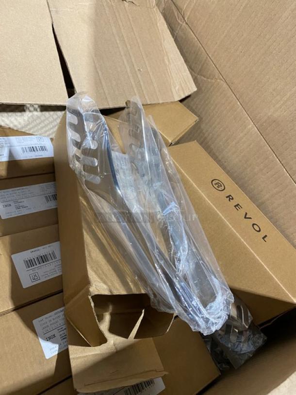 Mixed pallet with new commercial kitchen items: Craster medium tilt bowl, Revol angled tongs, boxed trays, and more.