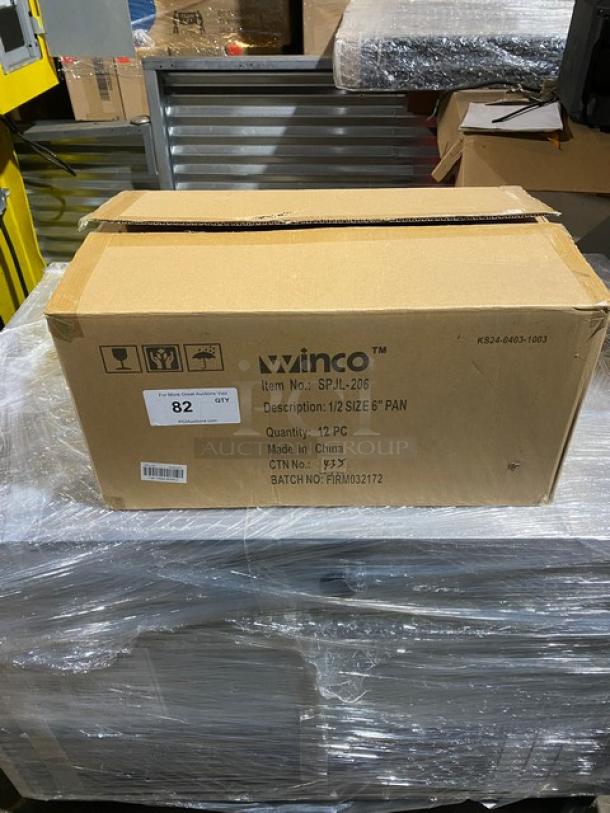 Winco SPJL206 stainless steel half-size 6" deep anti-jam steamtable pan. Brand new in box, 12-piece set, made in China.