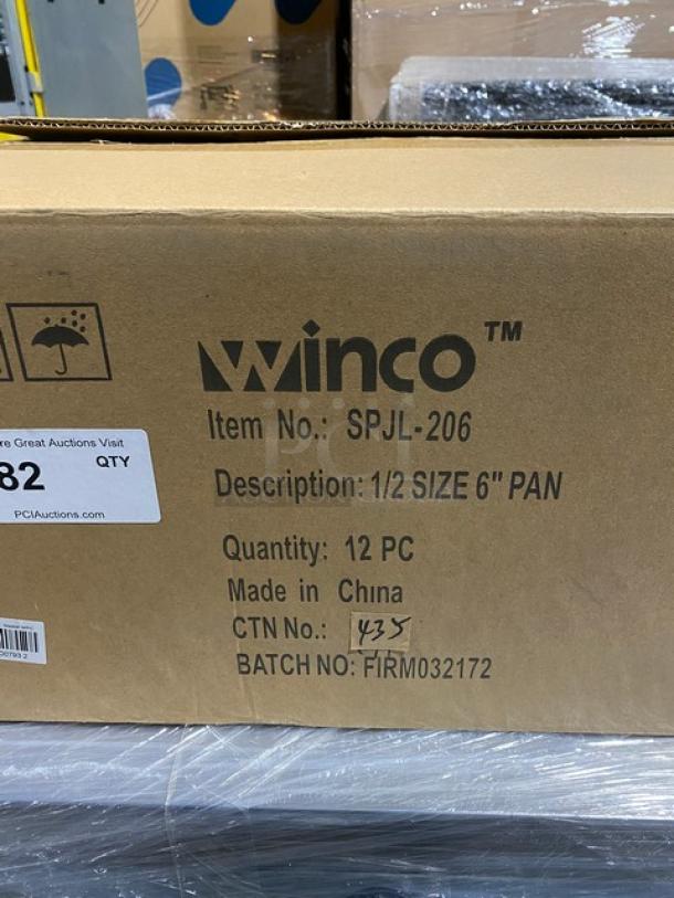 Winco stainless steel half-size 6" deep pans, model SPJL-206, 12 pieces in unopened box. Made in China. Batch: FIRM032172.