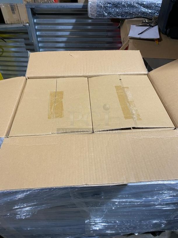Cardboard box containing Winco SPJL206 stainless steel half-size 6" deep anti-jam steamtable pans, brand new condition.