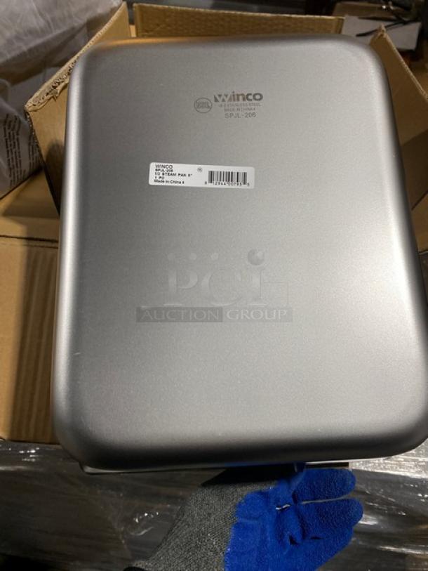 Winco SPJL-206 stainless steel half-size steamtable pan, 6" deep, anti-jam, new condition.