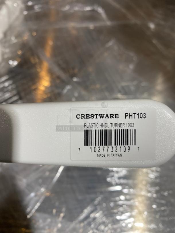 Crestware PHT103 stainless steel turner, 10" with round edge, white grip handle, label indicates model and barcode.