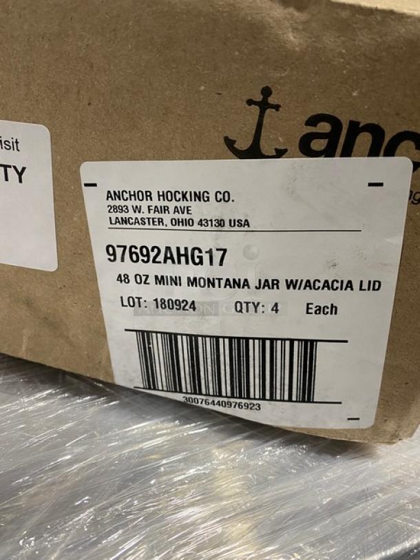 Anchor Hocking Commercial Clear 48 Oz. Mini Montana Glass Jar with Acacia Lid, Model 97692AHG17, 4 per case.