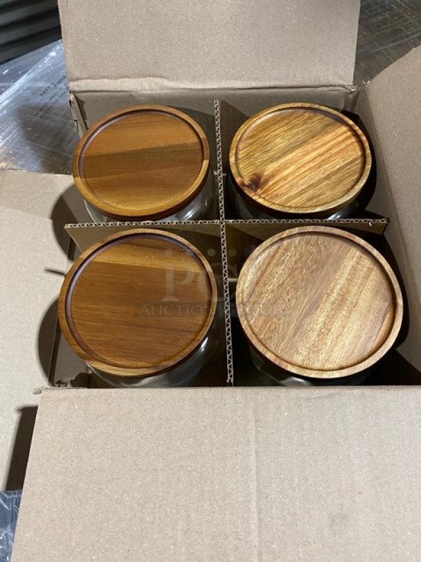 Anchor Hocking 48 Oz. Mini Montana Glass Jars with Acacia Wooden Lids, Model 97692AHG17, brand new in case of four.