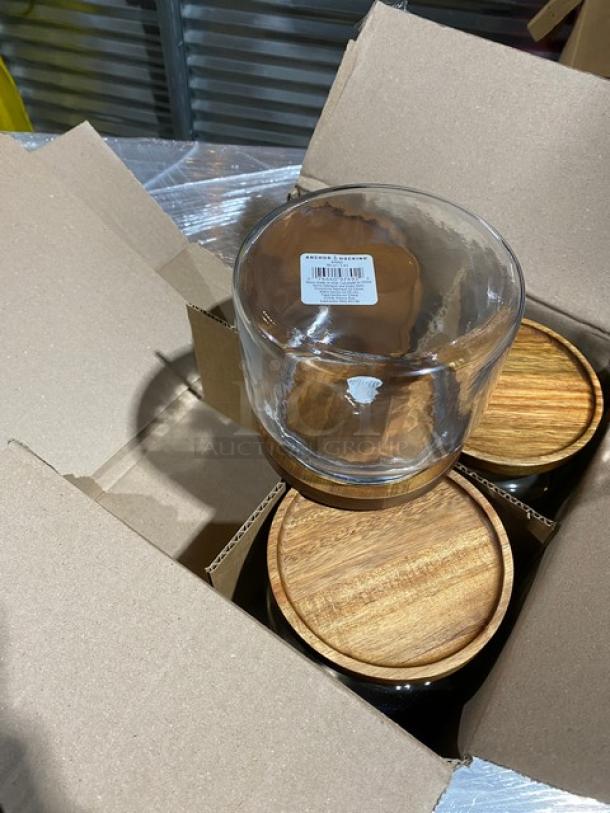 Brand new Anchor Hocking 48 oz Mini Montana glass jars with acacia lids, model 97692AHG17, 4 per case, in box.