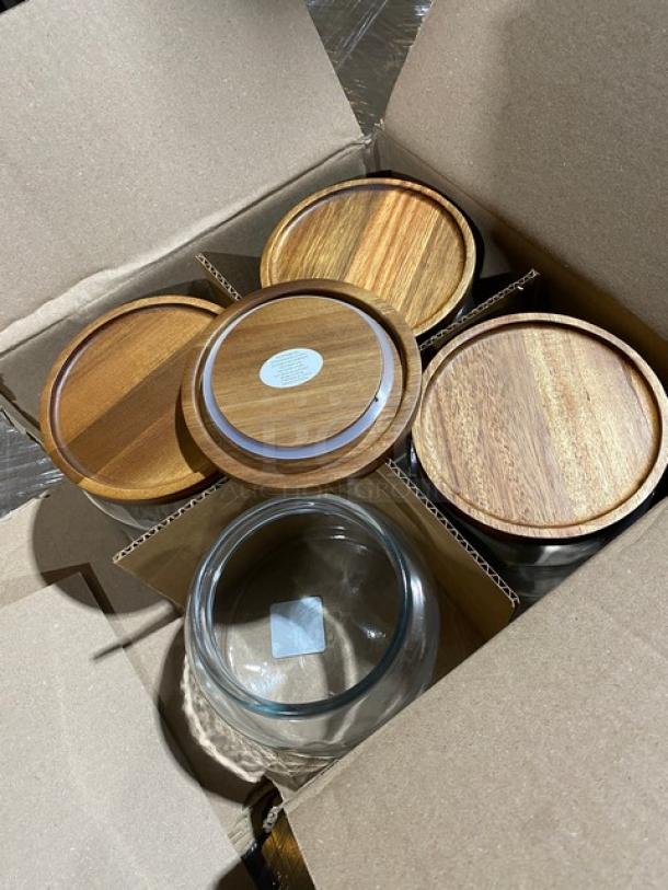 Anchor Hocking 48 oz. Montana glass jars with acacia lids, model 97692AHG17, brand new in box, 4 per case.