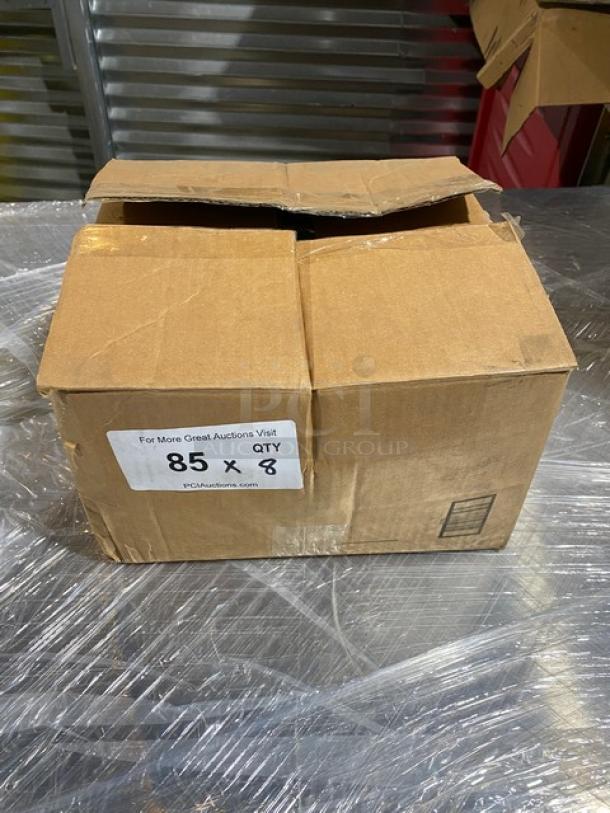 Cardboard box labeled "85 QTY x 8" containing Vollrath Commercial Stainless Steel 4 Qt. Round Mixing Bowls, Model 47934.
