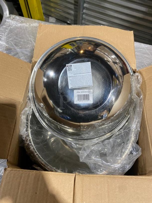 Brand new Vollrath 4 Qt. Round Mixing Bowl, model 47934, stainless steel, with original packaging and label visible.