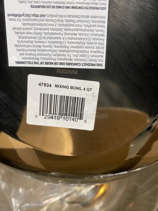 Brand new Vollrath 4 Qt. stainless steel mixing bowl, model 47934. Features barcode and model label at the base.