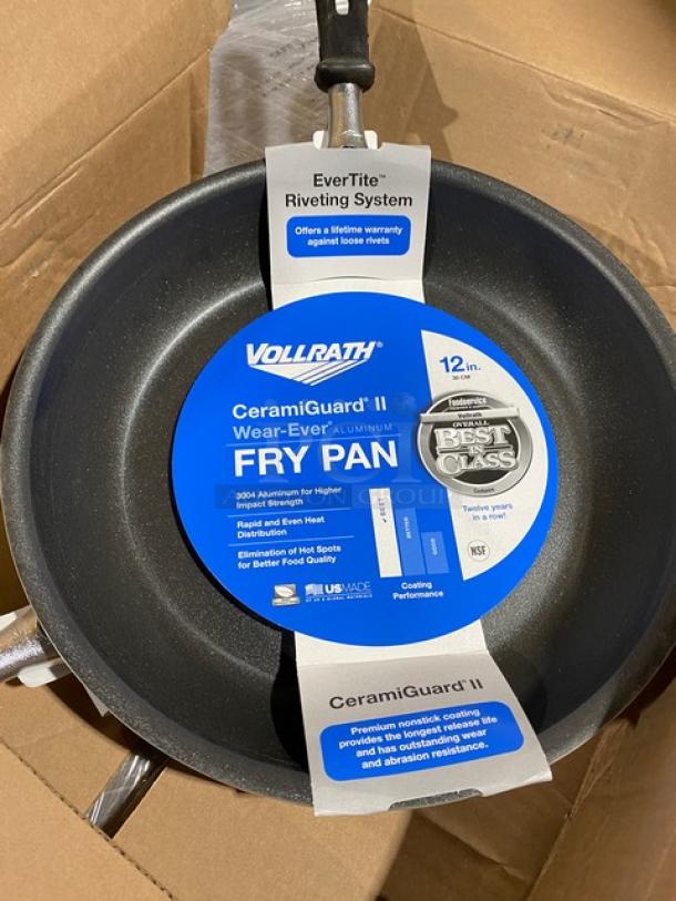 BRAND NEW Vollrath Wear-Ever Series 12" Fry Pan. Model 67932. CeramiGuard II non-stick, black TriVent silicone grip.