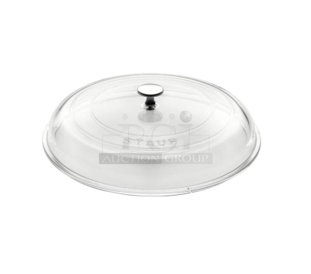Staub W4208 glass lid, new, clear domed design with metal knob. "Staub" embossed. Auction item, bid to own!