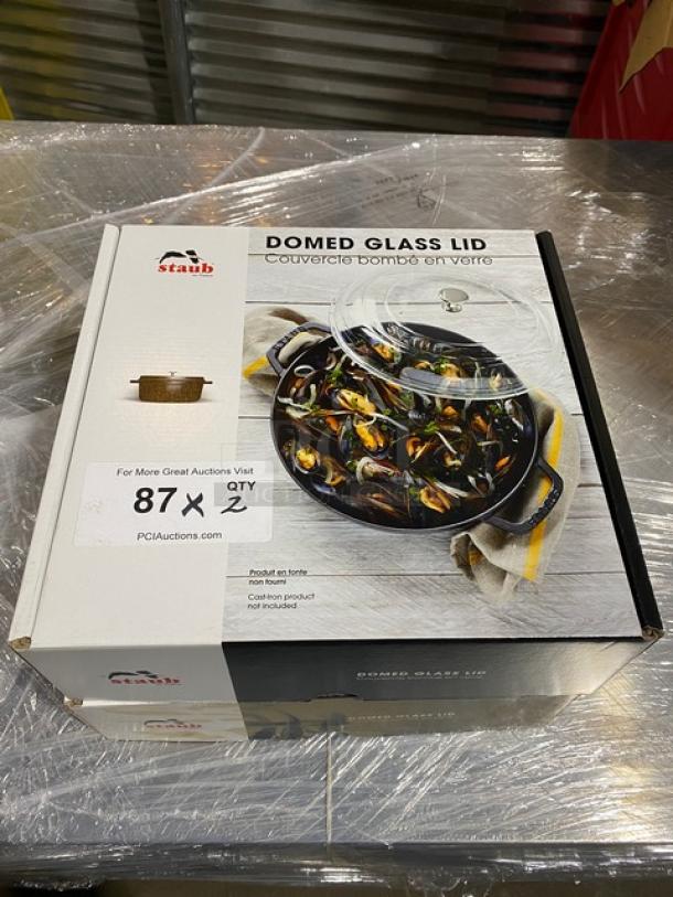 Brand new Staub W4208 clear domed glass lid in original packaging. Perfect condition, ideal for commercial use.