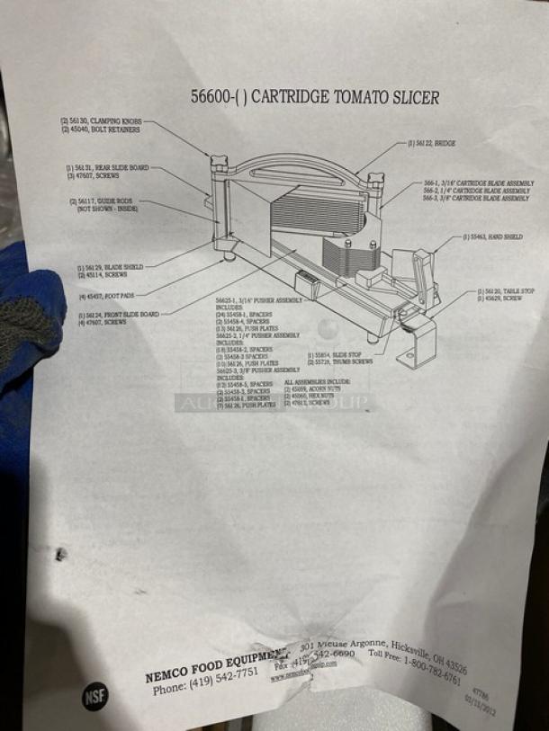 Nemco Commercial Easy Tomato Slicer II, model 56600-2. Brand new, 1/4" slicing cartridge, on legs, includes diagram and parts list.