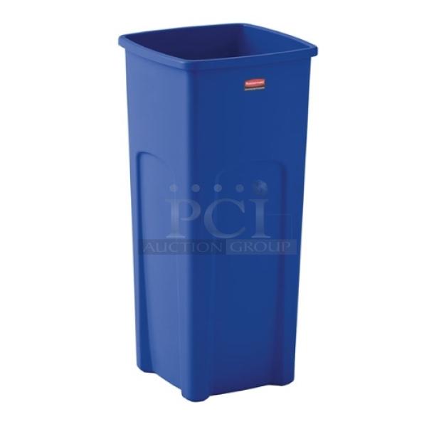 NEW Rubbermaid Commercial blue square recycling bin, brand label visible, pristine condition, durable plastic.