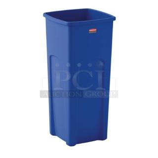 NEW Rubbermaid Commercial blue square recycling bin, brand label visible, pristine condition, durable plastic.