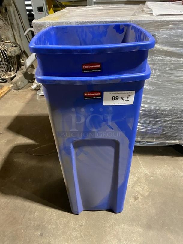 Rubbermaid Commercial blue square recycling bin, new condition, features brand label. Auction lot number tag visible.