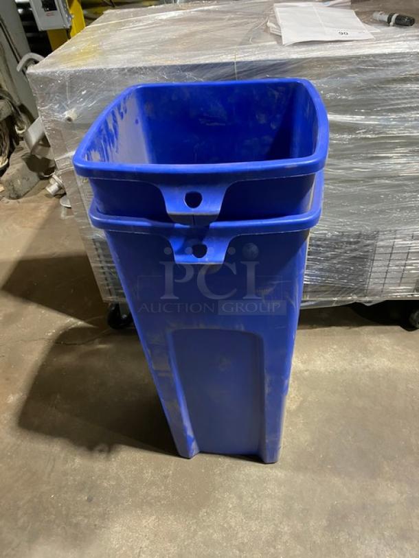 Rubbermaid Commercial blue square recycling bin, new condition, with durable plastic construction and dual openings.