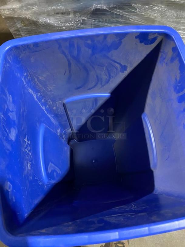 Rubbermaid Commercial blue square recycling bin, new condition, durable plastic, spacious interior, ideal for recycling.