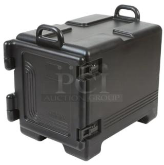 Brand new Cambro Ultra Camcarrier 1318CC, black front-loading insulated food pan carrier, durable design, excellent condition.
