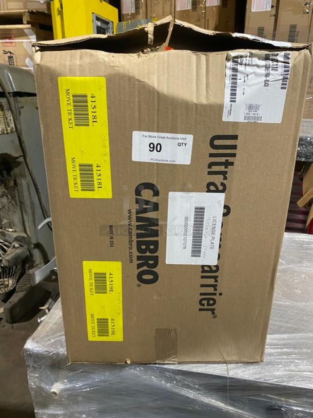 Brand new Cambro Ultra Camcarrier 1318CC black insulated food pan carrier in original packaging with visible labels.