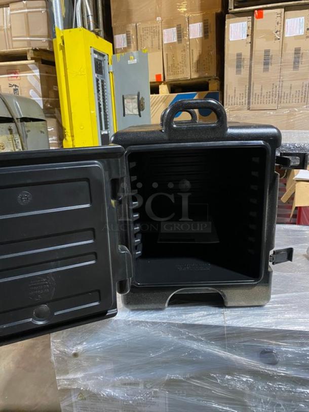 Brand new Cambro Ultra Camcarrier 1318CC black insulated hot food pan carrier, front-loading, commercial-grade.