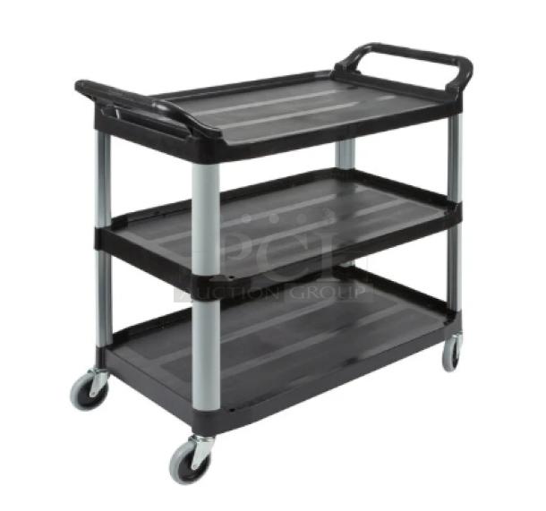 Rubbermaid Commercial 3-Tier Utility Cart, model D714091, black, open sided, 300 lb. capacity, brand new condition.