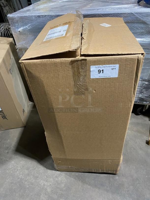 Sealed box for Rubbermaid Commercial Black 3-Tier Utility Cart, Model D714091, 300 lb capacity, indicating item 91 for auction.