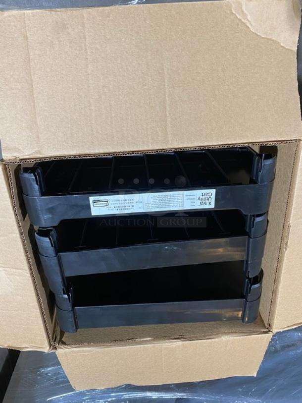 Brand new Rubbermaid Commercial black 3-tier open-sided utility cart, model D714091, in original packaging. 300 lb capacity.