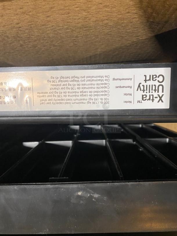 Brand new Rubbermaid D71-4091 black 3-tier open-sided utility cart, 300 lb capacity, shown with label detailing specifications.