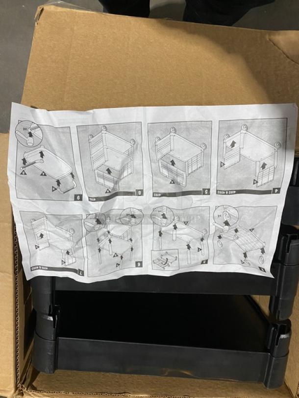 Brand new Rubbermaid Commercial 3-tier utility bus cart, model D714091, 300 lb capacity, black, assembly instructions shown.