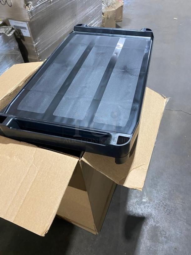 Rubbermaid Commercial Black 3-Tier Utility Cart, Model D714091, 300 lb. capacity, new condition, in open box.