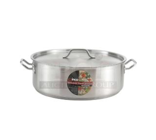 BRAND NEW Winco SSLB-15 stainless steel induction ready brazier with cover, featuring sturdy handles and visible label.