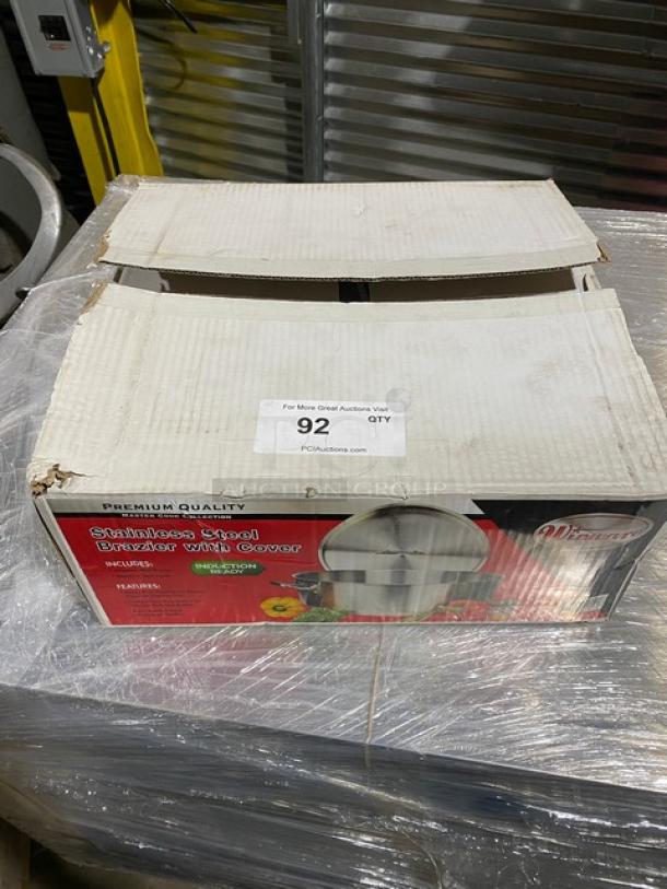 New Winco SSLB-15 stainless steel induction-ready brazier with lid, in box. Model SSLB-15. Box slightly worn.