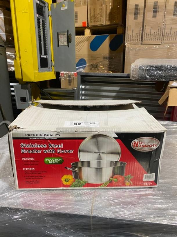 Brand new Winco SSLB15 commercial stainless steel induction-ready brazier with lid, in original packaging.