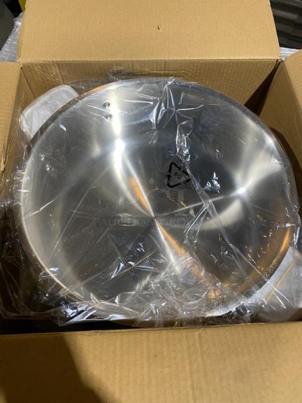 Winco SSLB-15 stainless steel induction-ready brazier with lid, brand new in box, plastic-wrapped, commercial quality.