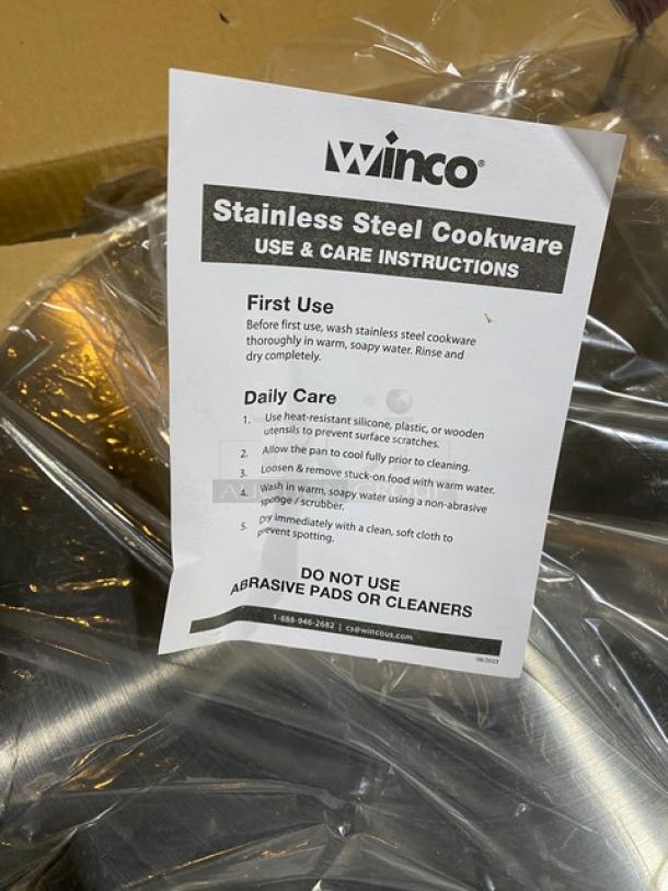 Brand new Winco SSLB15 stainless steel induction-ready brazier with lid, in original packaging. Includes use and care instructions.
