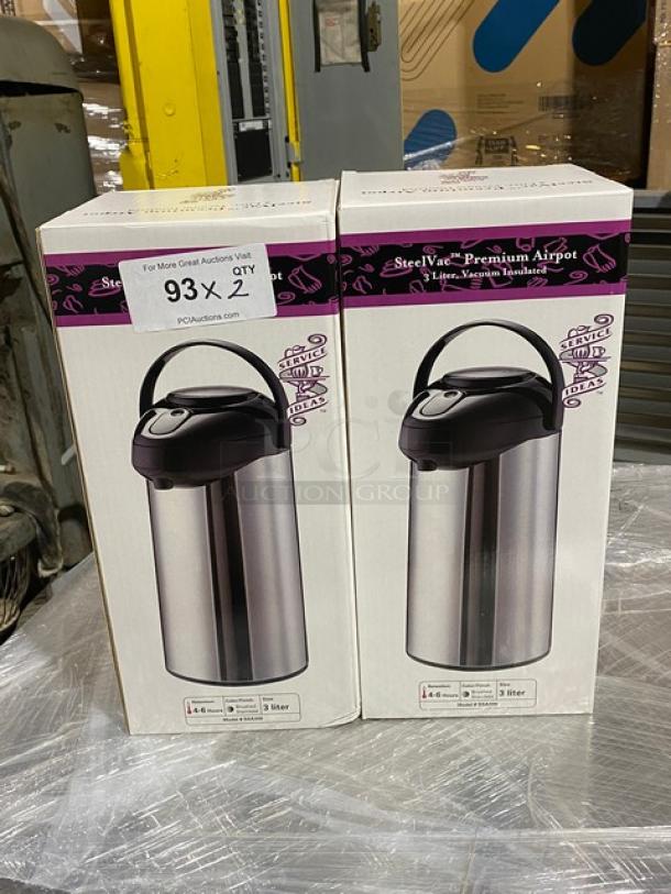 Service Ideas Stainless Steel 101.4 Oz Air Pot, Model SSA300, new in box, with pump lid, set of two.