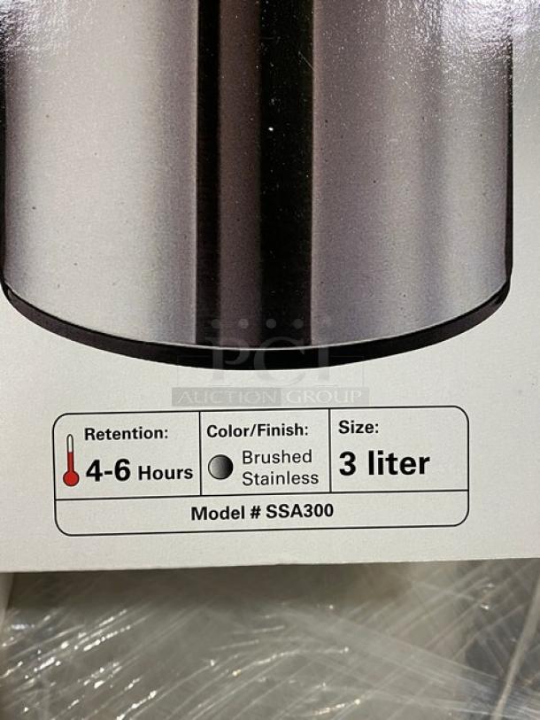 Brand new Service Ideas SSA300 SteelVac Air Pot, 3L, brushed stainless, 4-6 hour retention, with pump lid.