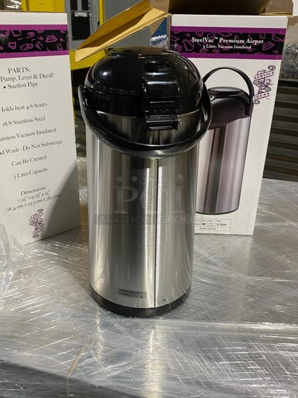 Brand new Service Ideas SSA300 stainless steel air pot, 101.4 oz capacity, with pump lid and vacuum insulation, in box.