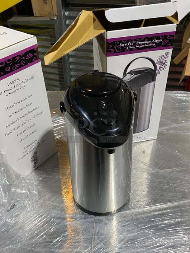 Brand new Service Ideas SSA300 101.4 oz stainless steel air pot with pump lid, in box. SteelVac Premium, vacuum insulated.