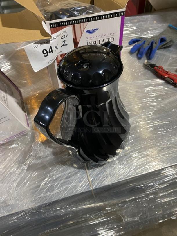 BRAND NEW Vollrath Swirlserve black insulated beverage server with tilt and pour design; commercial-grade, boxed condition.
