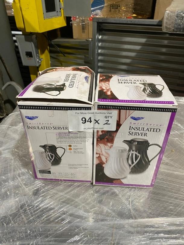 BRAND NEW Vollrath Swirlserve Series Black Tilt & Pour Insulated Beverage Server, boxed, 2-pack, commercial quality.