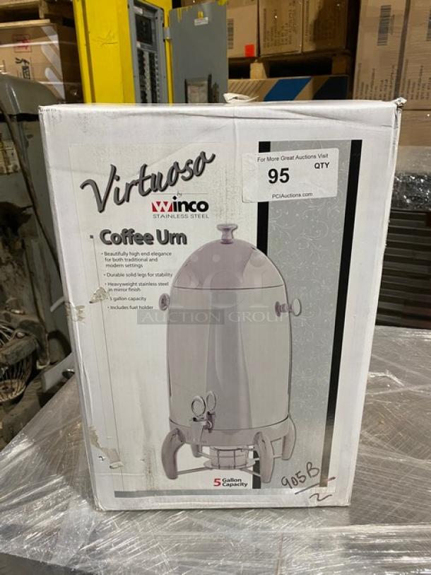 Winco Virtuoso 5 Gal. Coffee Urn, Stainless Steel, Mirror Finish, Model 905B, New in Box with Fuel Holder Base.