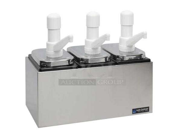 San Jamar Model P7500 stainless steel 3-well condiment pump service center, brand new, featuring Ultra Condiment Pumps.
