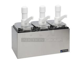 San Jamar Model P7500 stainless steel 3-well condiment pump service center, brand new, featuring Ultra Condiment Pumps.