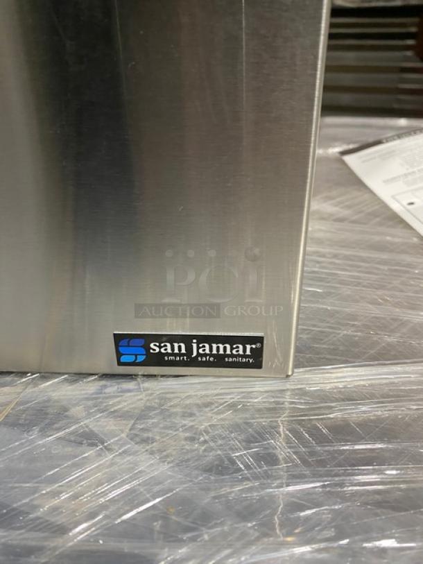 San Jamar P7500 stainless steel condiment pump center, brand new, features 3 wells, labeled "smart, safe, sanitary."