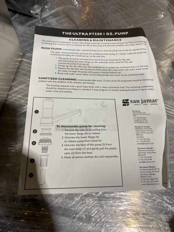 San Jamar P7500 Condiment Pump Service Center instructions. Includes cleaning, maintenance, and assembly details.