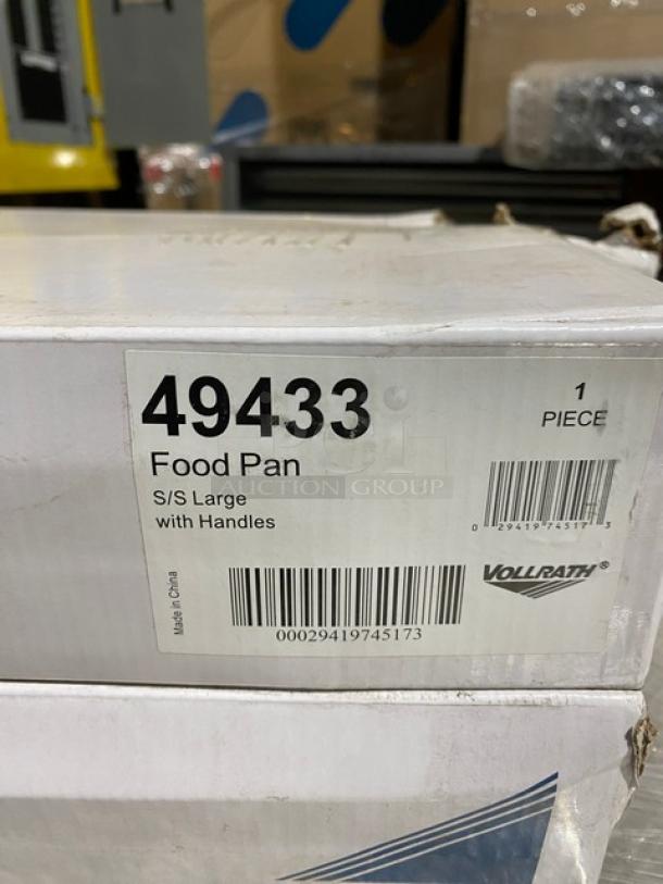 Brand new Vollrath Miramar Series 4.6 Qt. stainless steel food pan, model 49433, with handles, in original packaging.