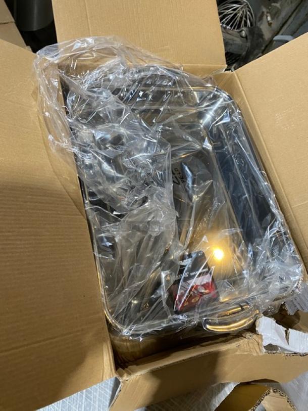 Brand new Vollrath Miramar Series 4.6 Qt. stainless steel food pan, Model 49433, with handles, in original packaging.